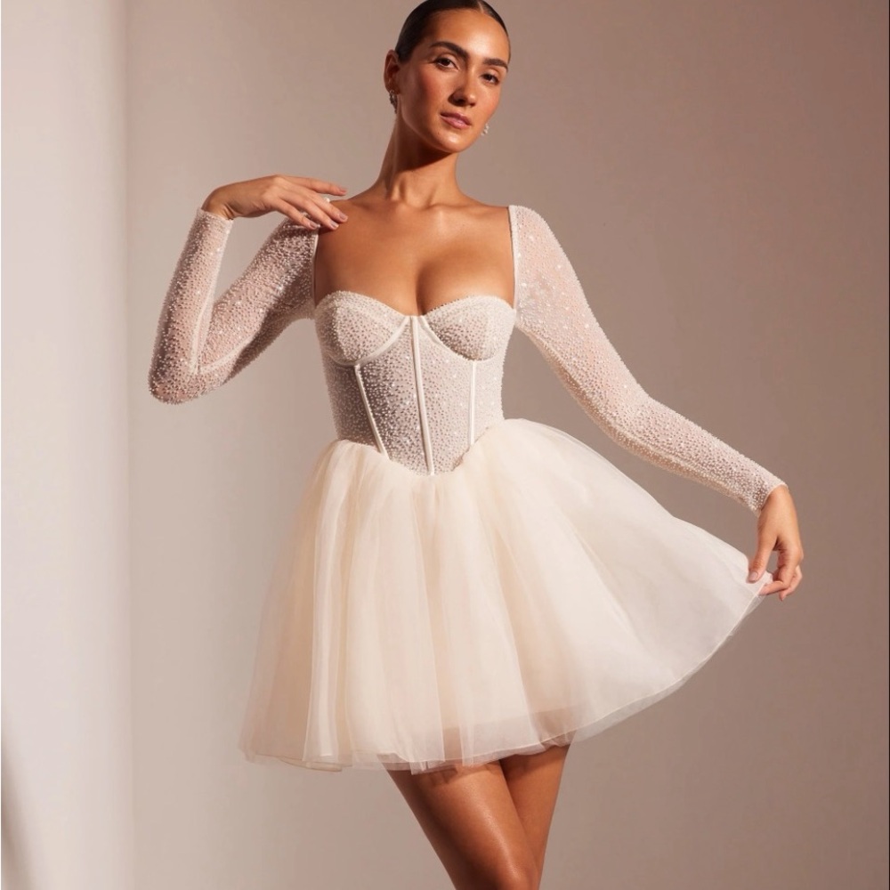 NWT- Oh Polly Calliope Embellished Long Sleeve Tulle Skirt Mini Dress in Ivory